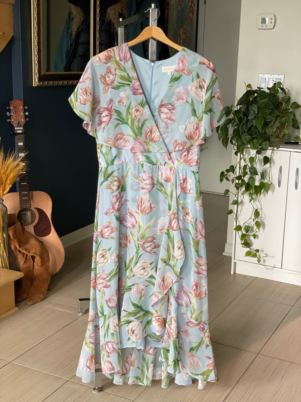 Laura Floral Wrap Dress, Light Blue with Pink Tulips